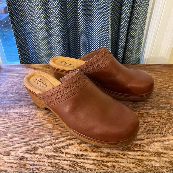 Clarks Wooden Brown Leather Clogs- Clarks Heeled Clog - Paizlee Poppy Size 10 - Picture 2 of 13